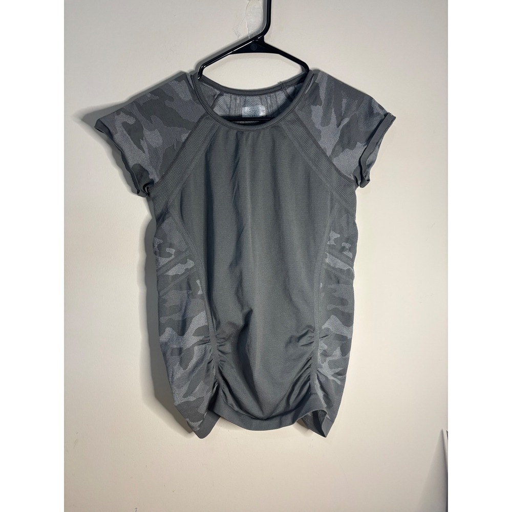 Athleta Womens Gray Camo‎ Ruched Activewear T Shirt Size M